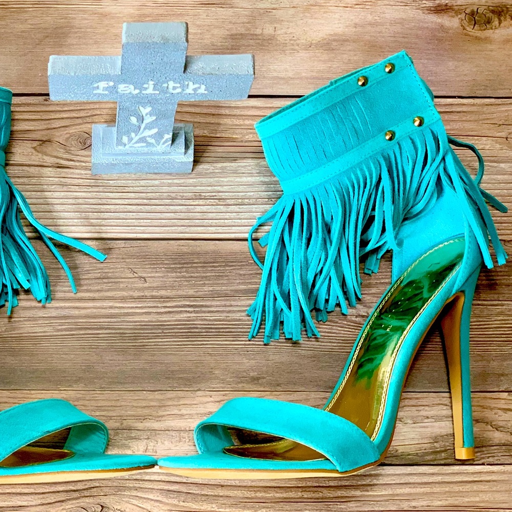 Aqua fringed heels